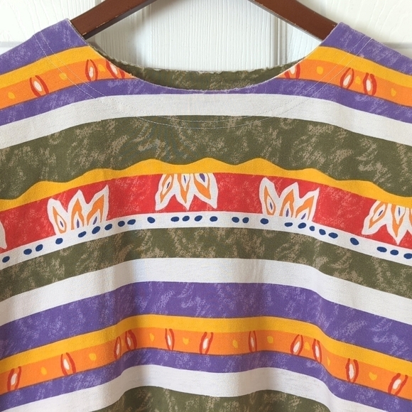 Liz Sport 90's Vintage Funky Striped Round Neck Side Slit Short Sleeve T-shirt M - Picture 2 of 10